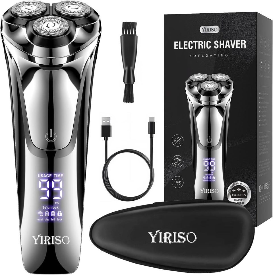 YIRISO Electric Razor for Men. 90Min Long-Lasting Rotary Shaver with 4D Floating Head & LCD Display. Ultra Smooth for Sensitive Skin. IPX6 Waterproof. USB-C Fast Charge. with Travel Case - Ideal Gift : Beauty & Personal Care